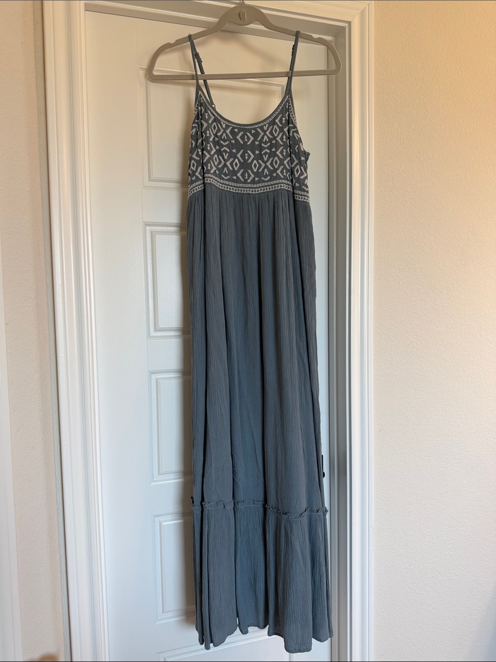 Boho Embroidered Slate Gray Maxi Dress with Spaghetti Straps